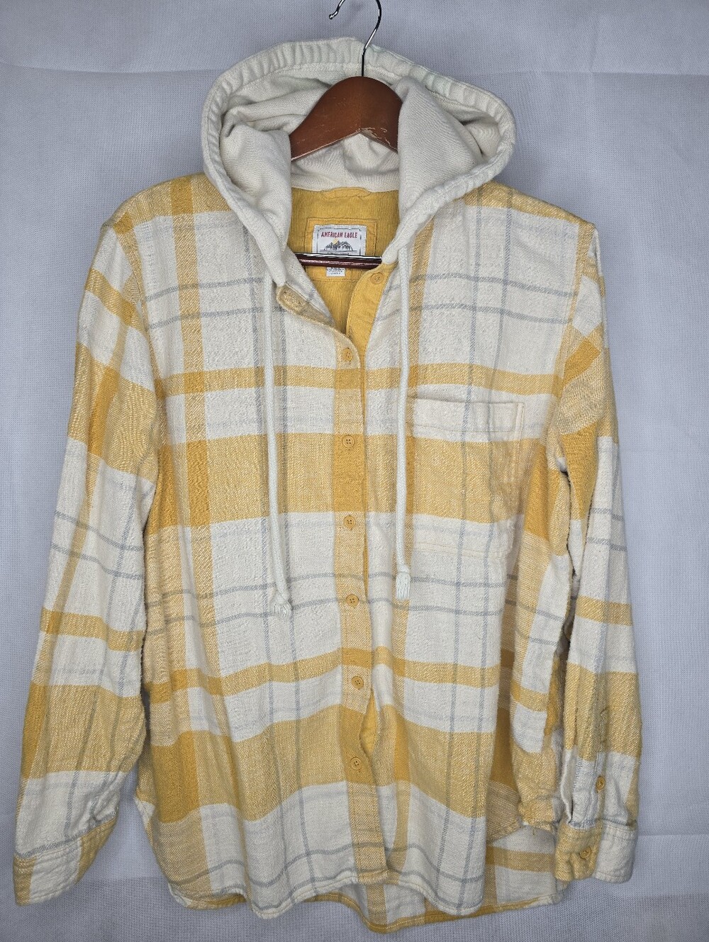 American Eagle Hooded Flannel Shirt Yellow Plaid Button Front Relaxed Cotton M